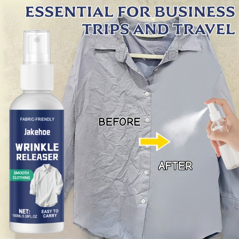 Travel wrinkle releaser spray 100ml bottle with before and after of a smoothed shirt