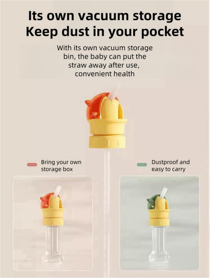 Spill-proof straw cap in use by a child