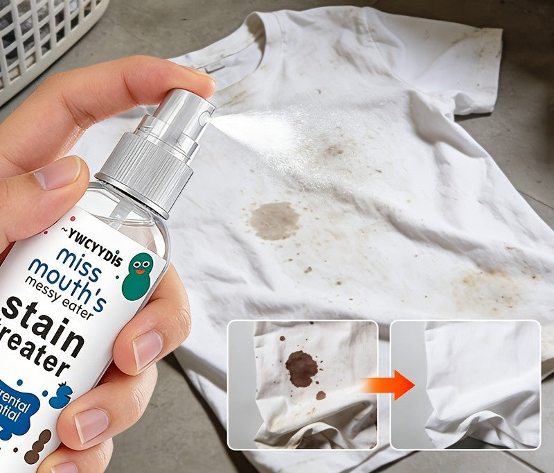Kids stain remover spray treating a food stain on a white t-shirt
