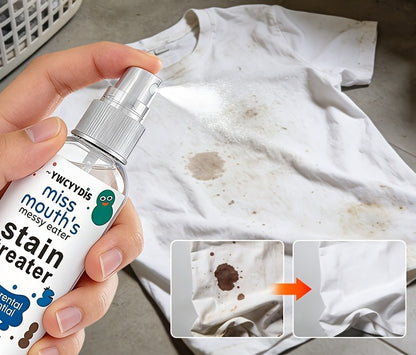 Kids stain remover spray treating a food stain on a white t-shirt
