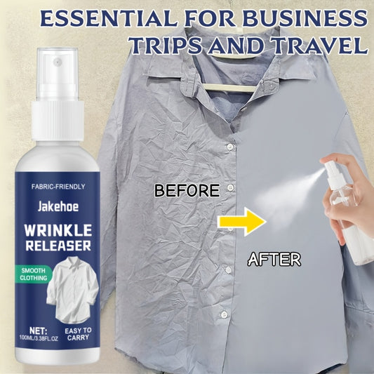 Travel wrinkle releaser spray 100ml bottle with before and after of a smoothed shirt